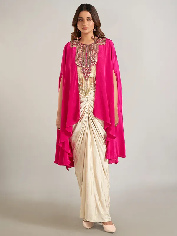 Rani color and beige satin silk indowestern suit