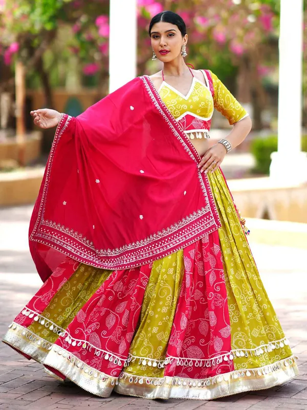 Rani color and light green cotton silk navratri chaniya choli