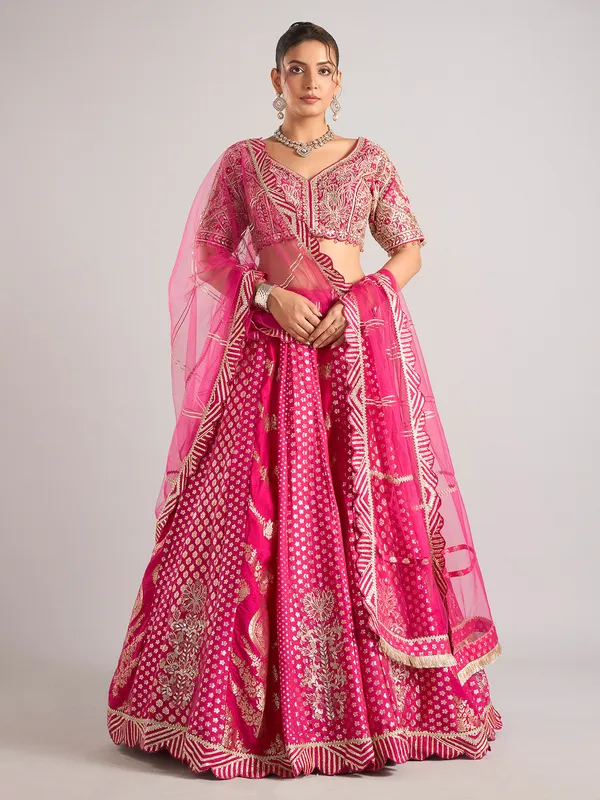 Rani color banarasi silk lehenga choli with dupatta for women