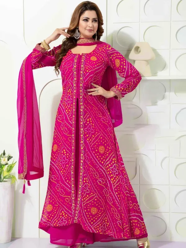 Rani color bandhej printed palazzo suit for wedding