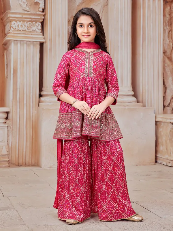 Rani color bandhej printed silk sharara suit