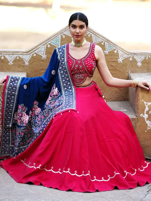 Rani color cotton silk chaniya choli for navratri