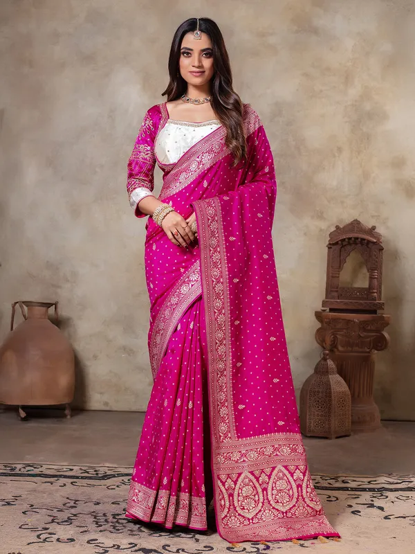 Rani color dola silk saree with ready made blouse