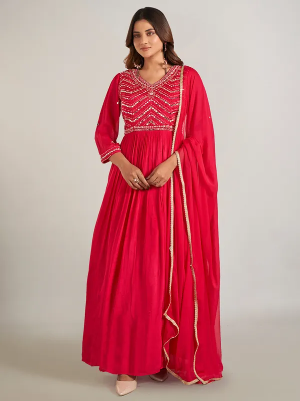 Rani color georgette anarkali suit with dupatta