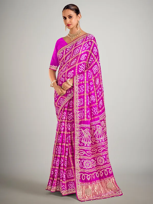 Rani color printed gajji silk zari weaving saree
