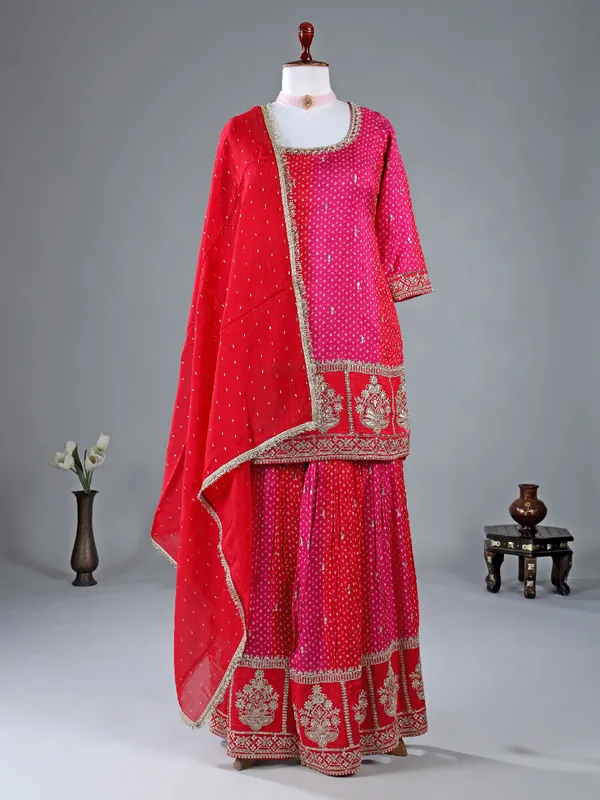 Rani color printed silk sharara suit for wedding wear