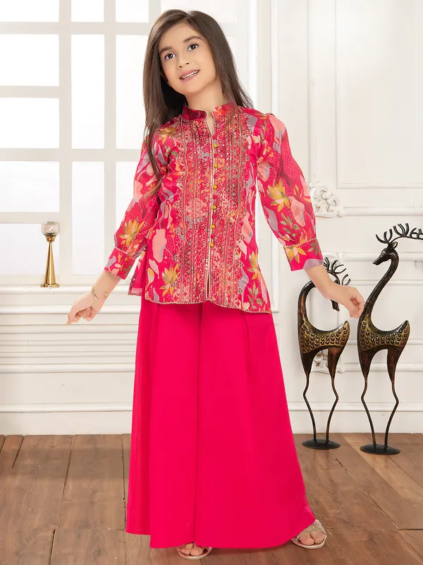 Rani color printed silk suit with resham work