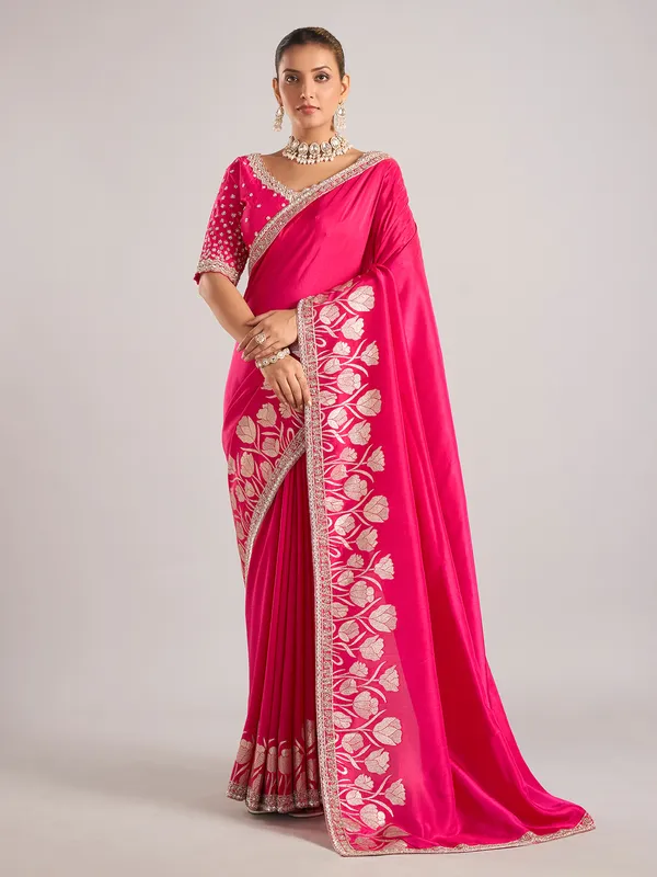 Rani color pure dola silk saree with ready made blouse