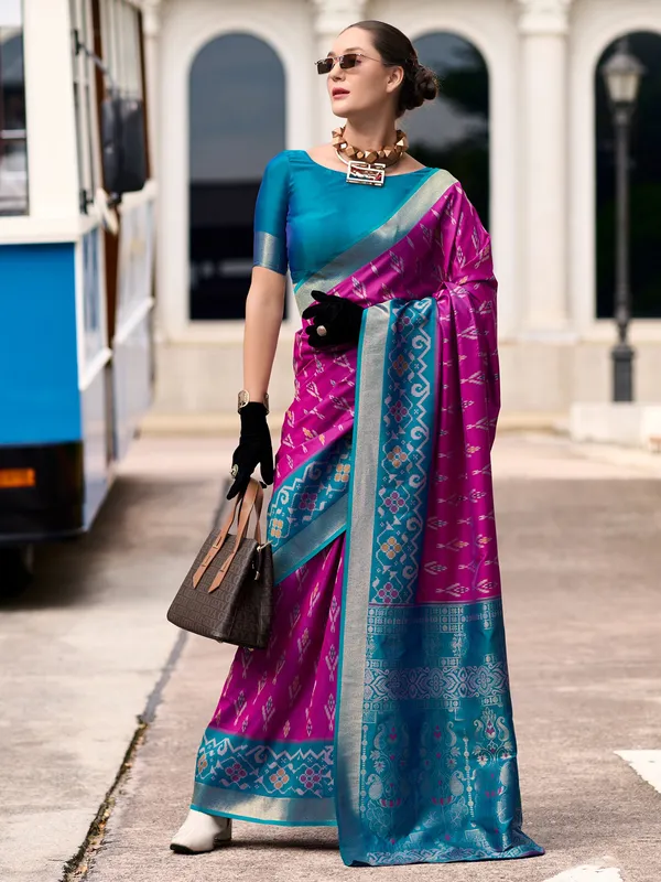 Rani color saree in printed soft silk
