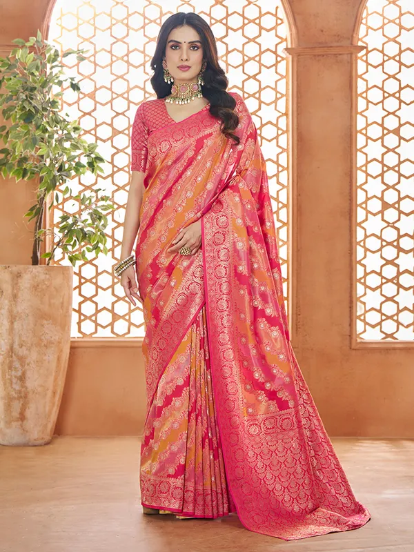 Rani color saree with contrast border