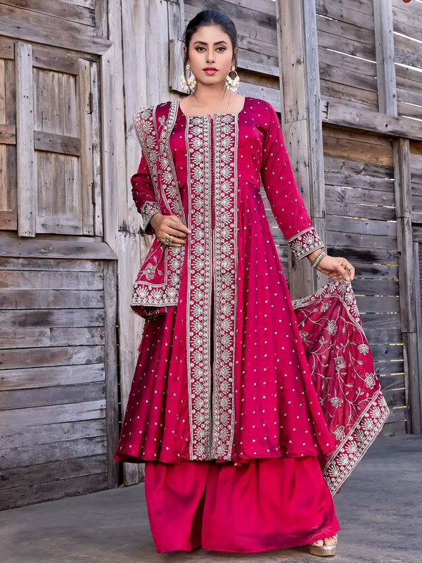 Rani color satin palazzo suit with dupatta