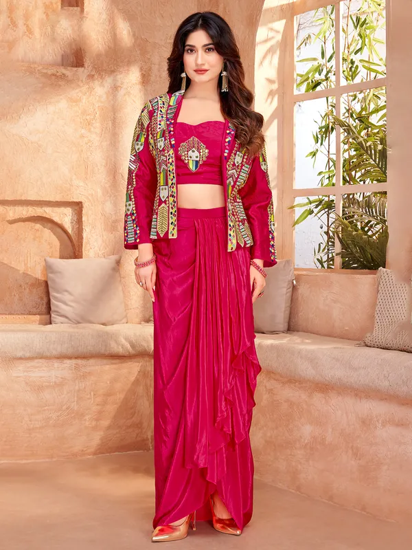 Rani color satin silk jacket style indowestern suit