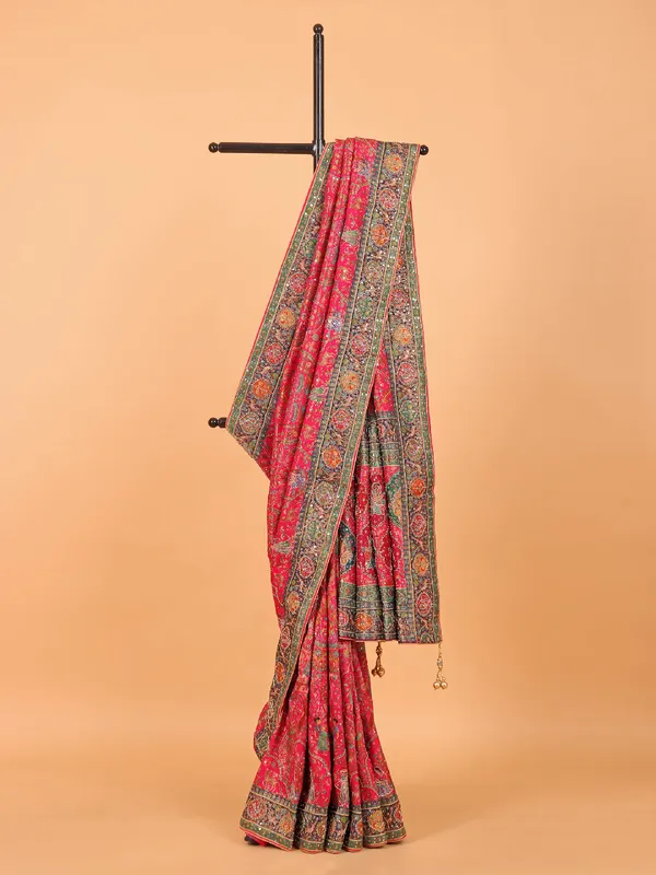 Rani color semi pashmina saree for wedding wear