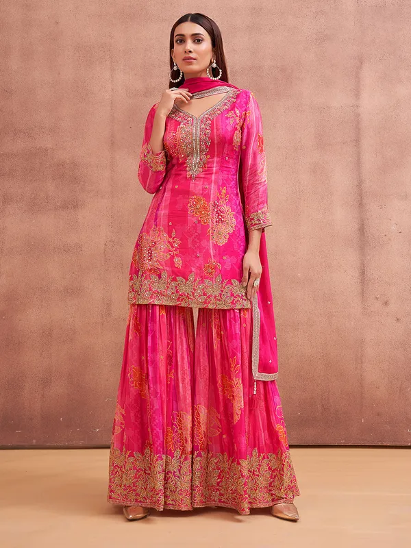 Rani color sharara salwar suit in printed