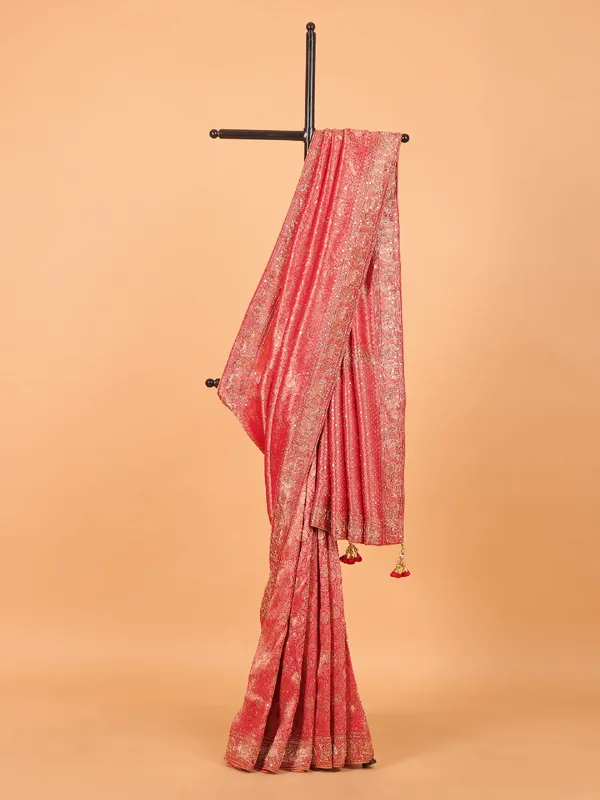 Rani color shimmer dola silk saree for wedding