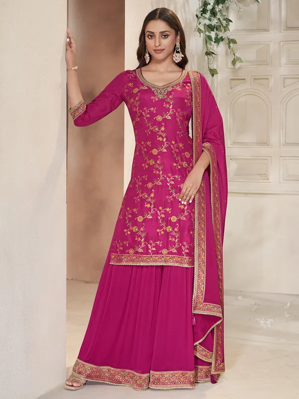 Rani color silk palazzo salwar suit for festive