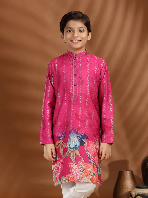 Rani color silk printed kurta pajama