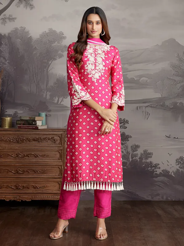 Rani color silk printed salwar suit for wedding wear
