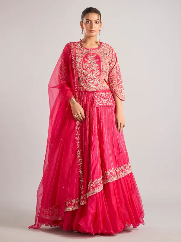 Rani color silk rajasthani lehenga choli with beads work