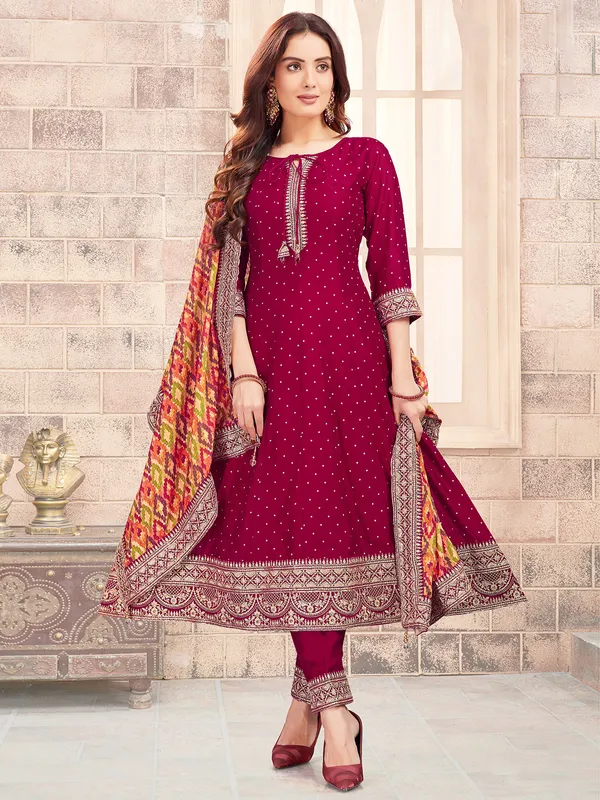 Rani color silk salwar suit with dupatta