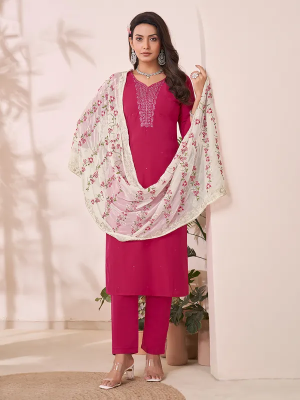 Rani color silk salwar suit with dupatta for women festive wear