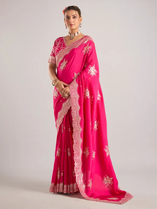 Rani color silk saree with ready made blouse