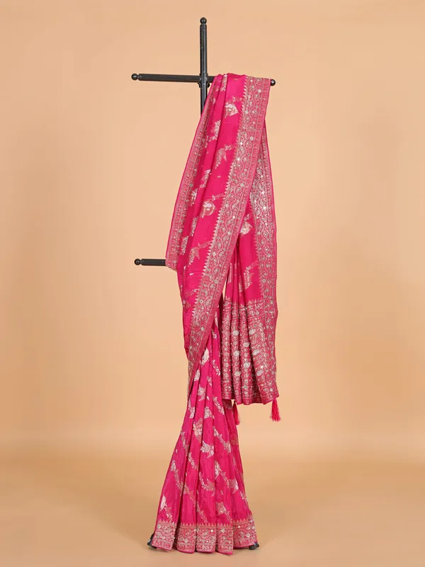 Rani color silk saree with zari weaving for women