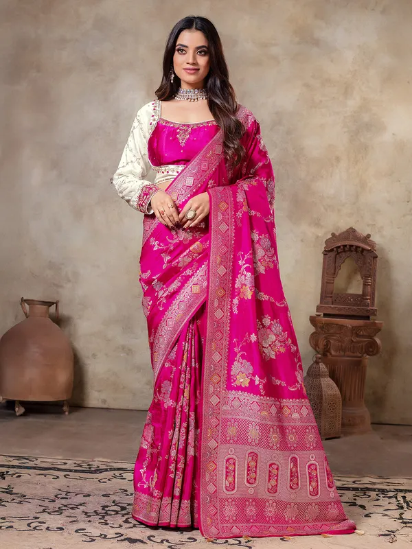 Rani color zari weaving saree in dola silk