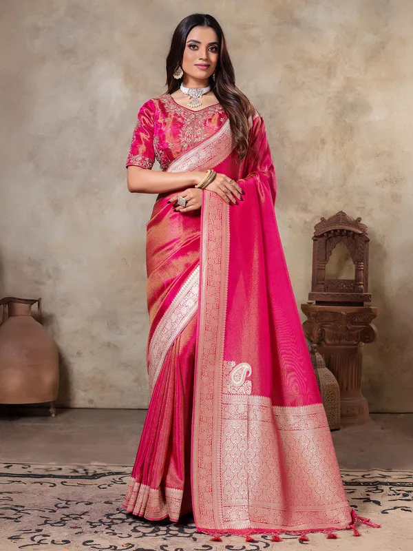 Rani color zari weaving tissue silk saree