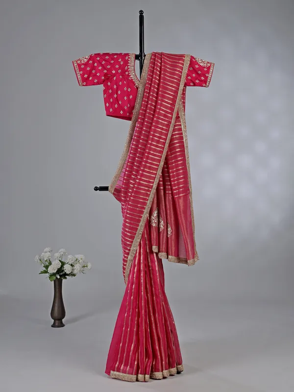 Rani organza saree with ready made blouse