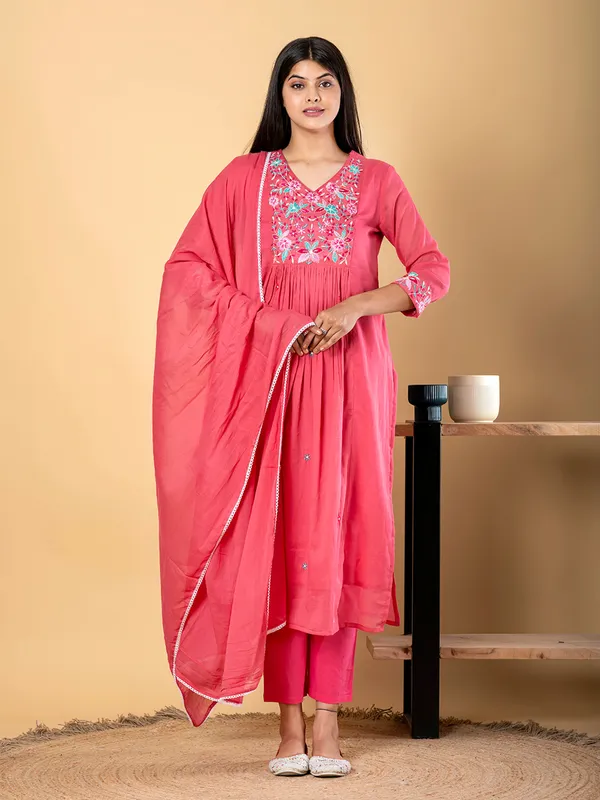 Rani pink cotton yoke kurti set with dupatta