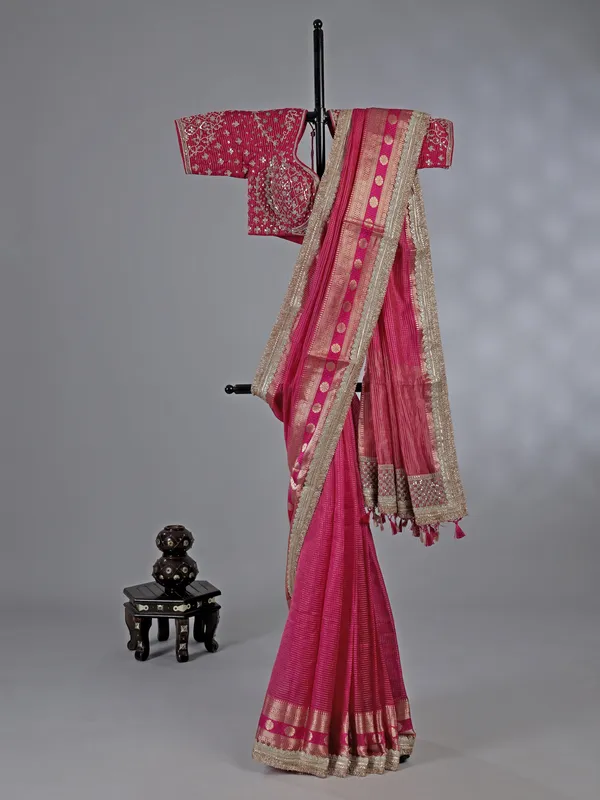 Rani pink dola silk saree with zari touch