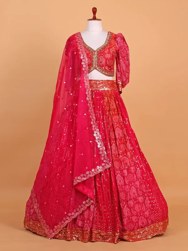 Rani pink printed silk lehenga choli