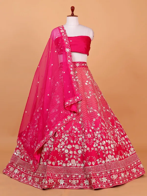 Rani pink raw silk wedding style lehenga choli
