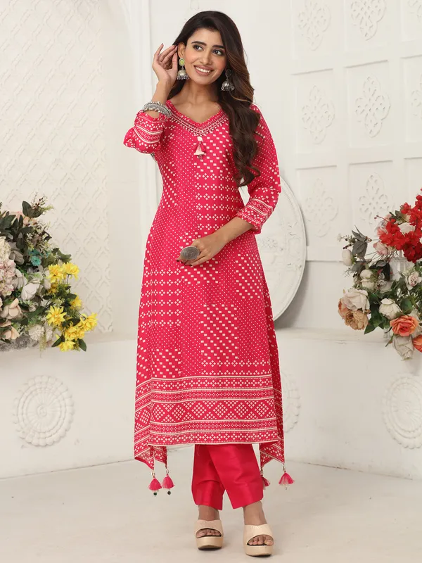 Rani pink russian silk kurti set with print