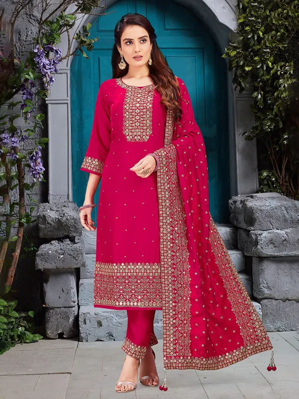 Rani pink silk salwar suit with resham work