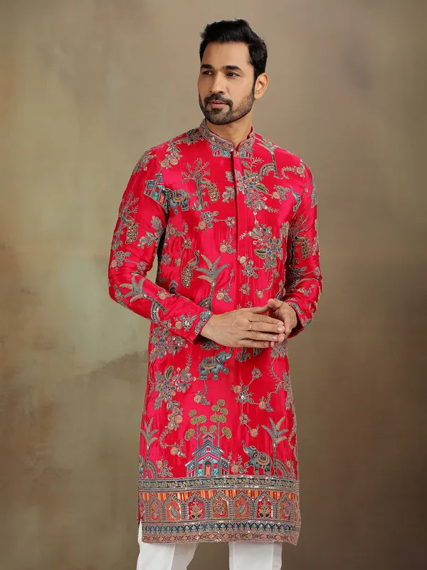 Rani pink zardosi silk kurta ensemble