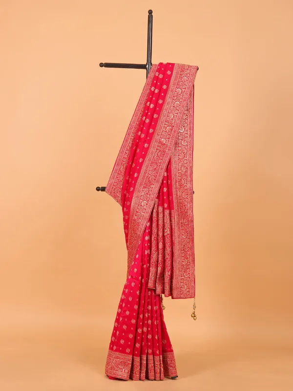 Rani pink zari worked wedding saree in dola silk
