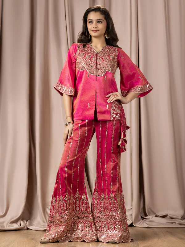 Rani silk palazzo suit with aabla and resham