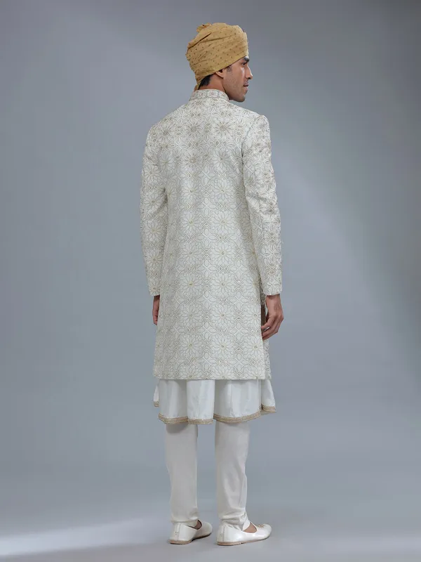 Raw silk cream peshwai sherwani for groom