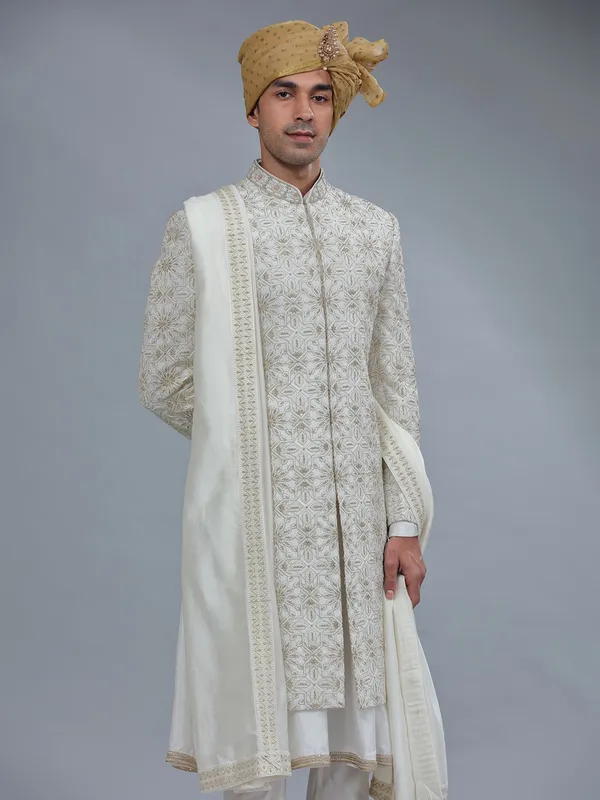 Raw silk cream peshwai sherwani for groom