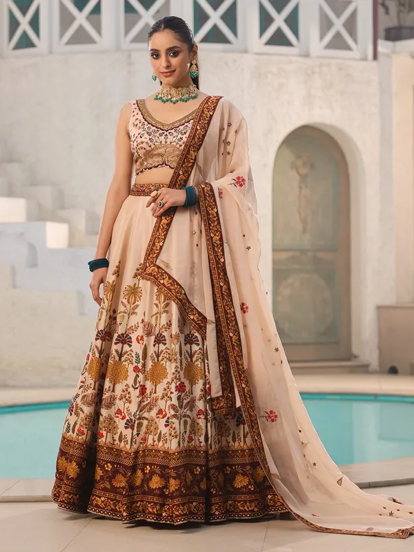 Raw silk cream printed lehenga choli