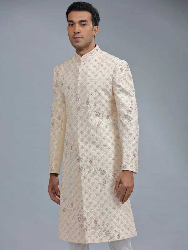 Raw silk cream sherwani for groom