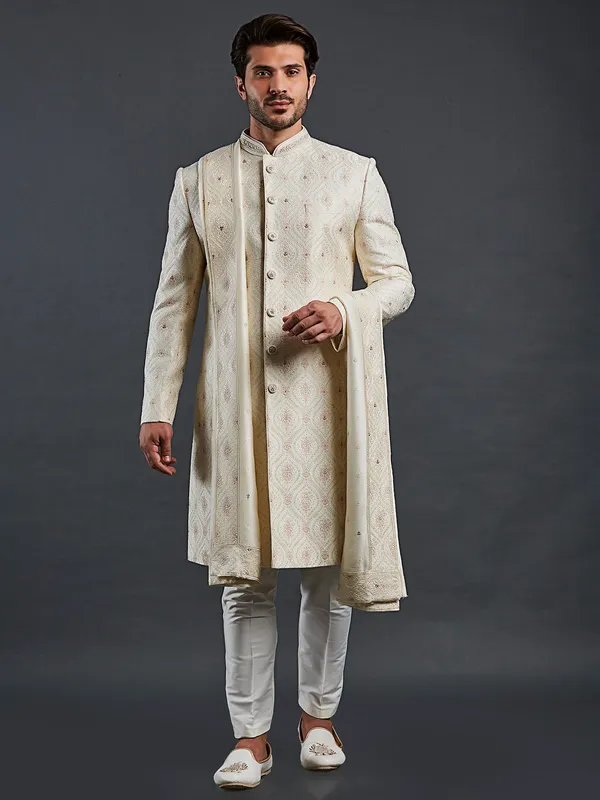 Raw silk cream sherwani resham embellishment