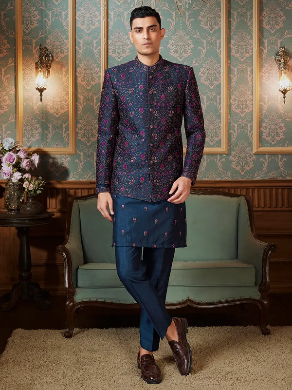 Raw silk mint blue Semi-Indowestern with colorful thread embellishment