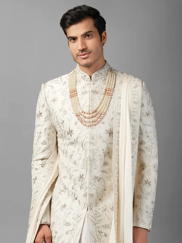 Raw silk off-white embroidery sherwani