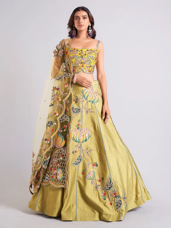 Raw silk olive lehenga choli for wedding