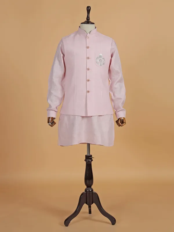 Raw silk pink waistcoat set for man