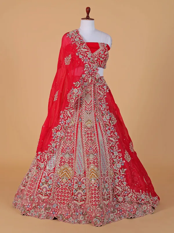 Raw silk red bridal style lehenga choli