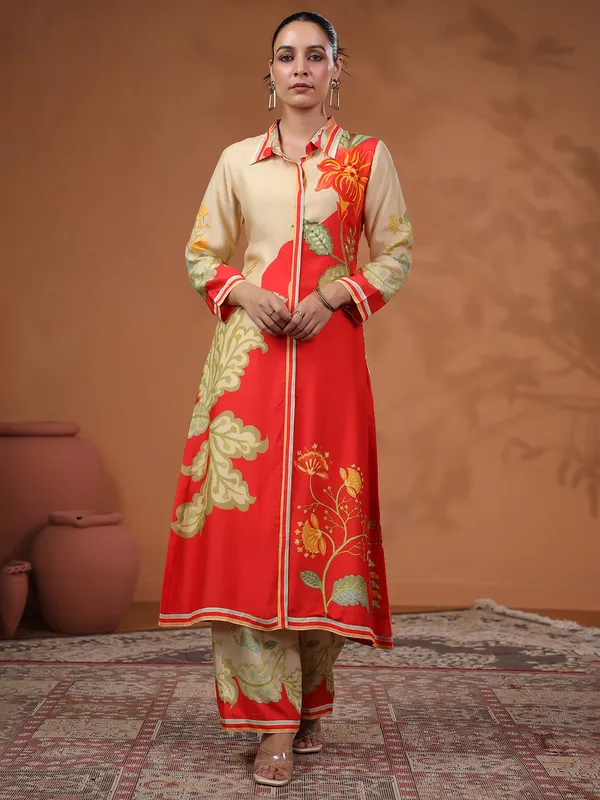 Red and beige silk kurti set for festive